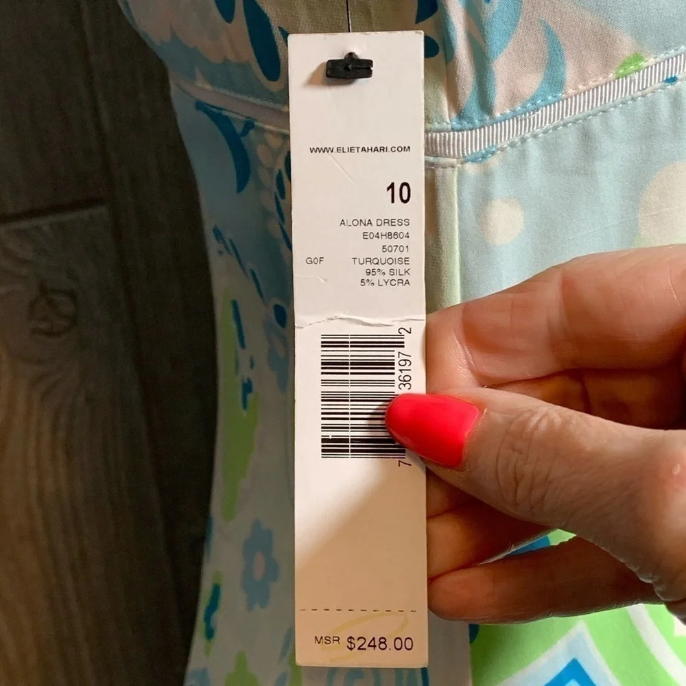 Elie Tahari Blue & Green Print Silk Dress 10 Fits like 6 NWT - Picture 4 of 7